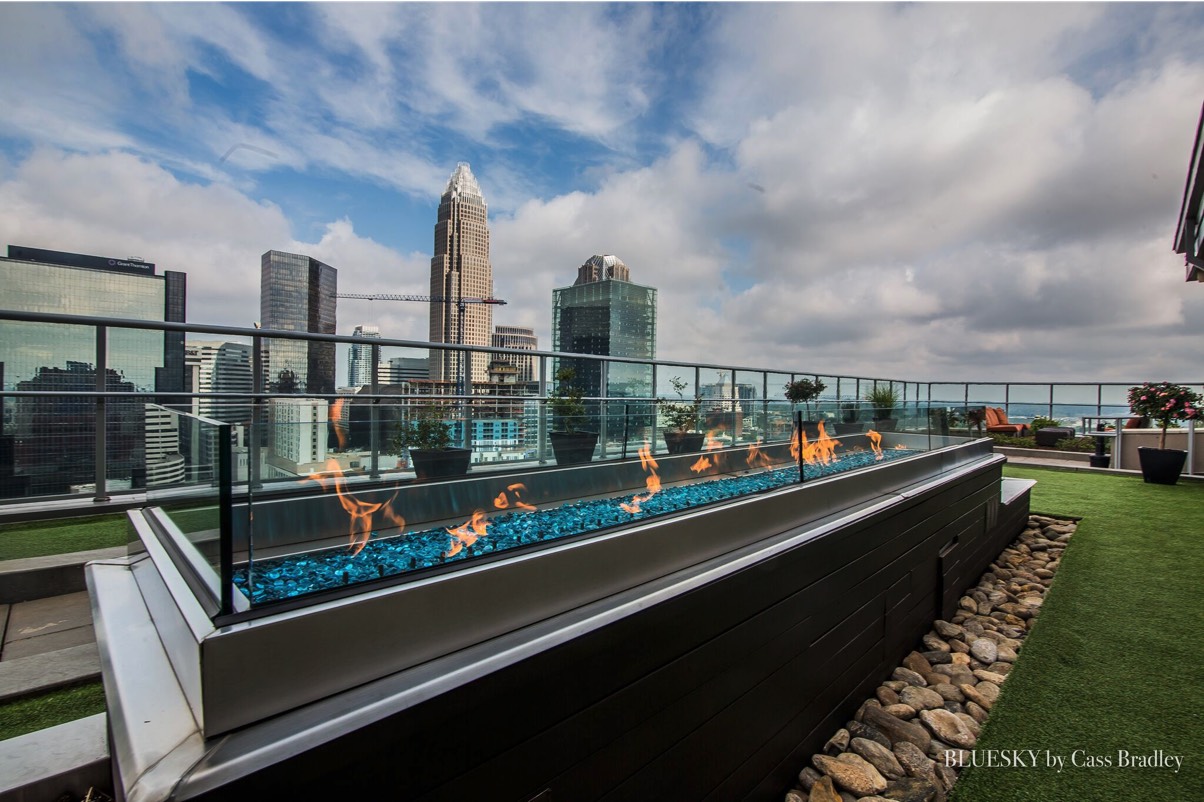 Fahrenheit Charlotte east firepit with Uptown skyline view