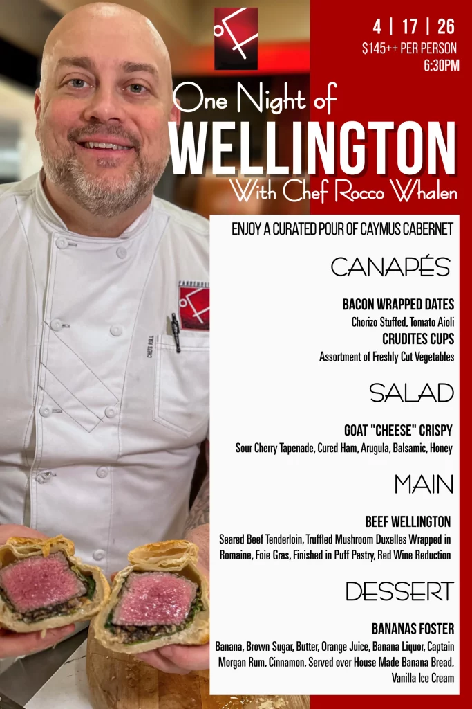 This Fahrenheit Charlotte flyer advertises "One Night of Wellington With Chef Rocco Whalen" on April 17 and 26 at 6:30 PM for $145 per person, showcasing a Beef Wellington main