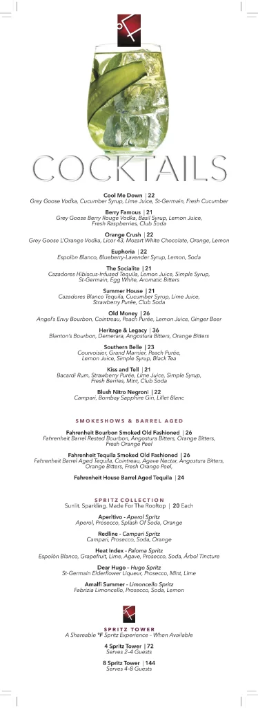 Cocktails and Spritz Menu at Fahrenheit Charlotte This is a menu for Fahrenheit Charlotte, featuring a variety of cocktails, smokeshows, seltzers, and spritz drinks with ingredients listed.