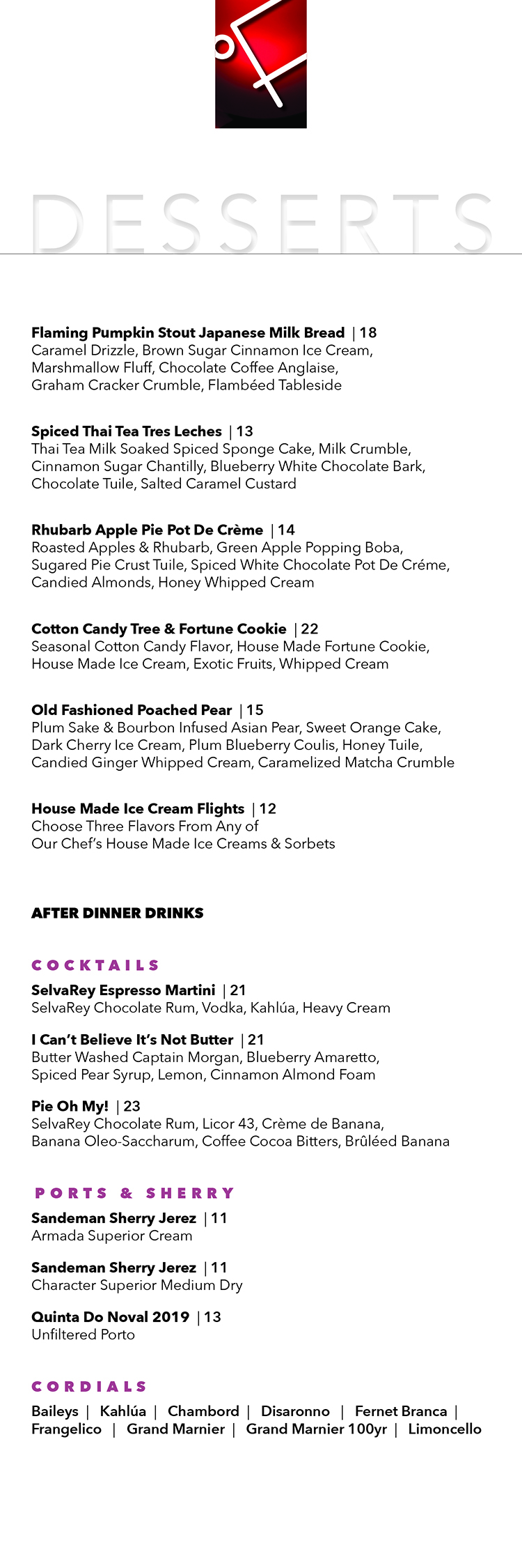 Fahrenheit Charlotte Menus